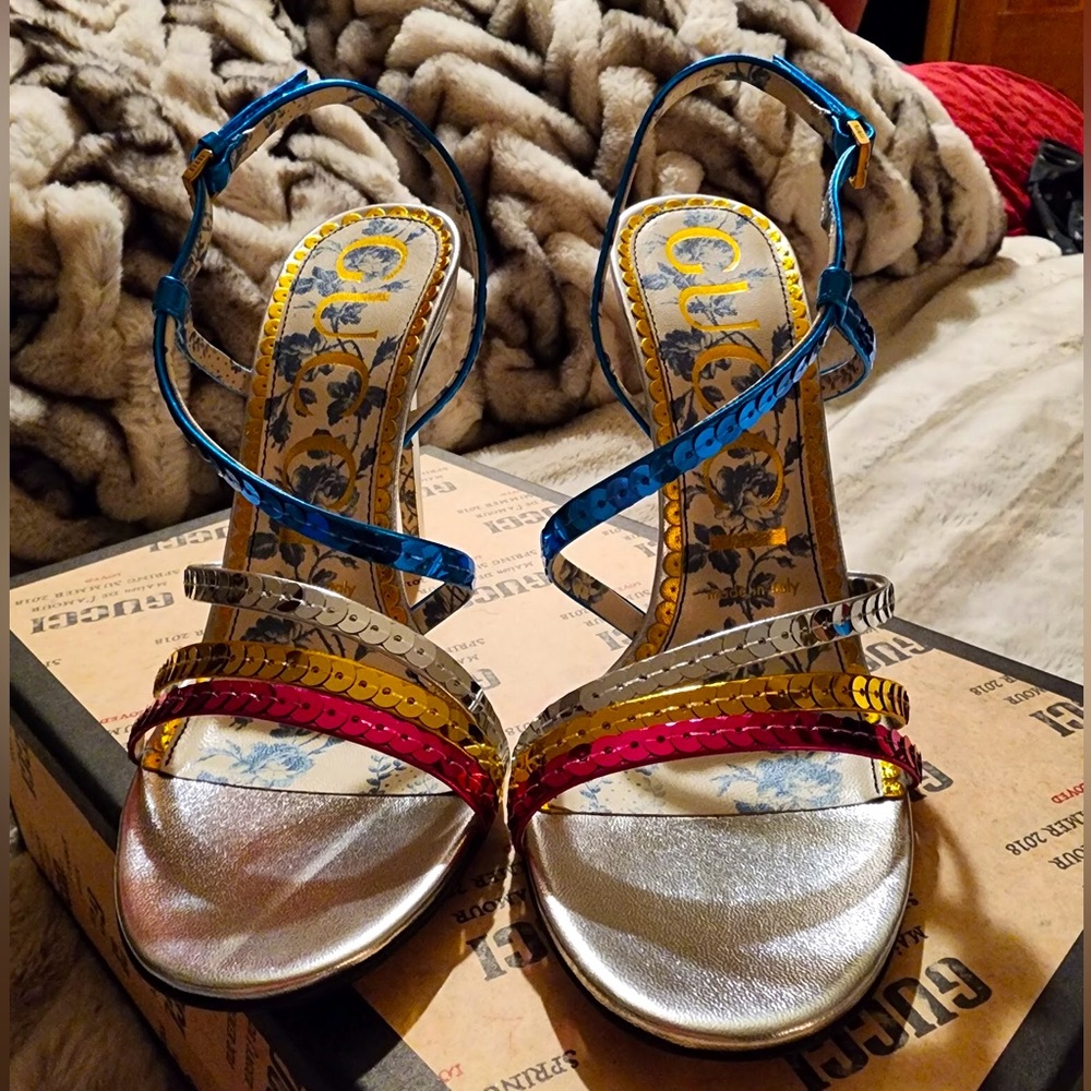 NIB Gucci Haines 105mm Sequin Sandal Heels 37 - Picture 3 of 16